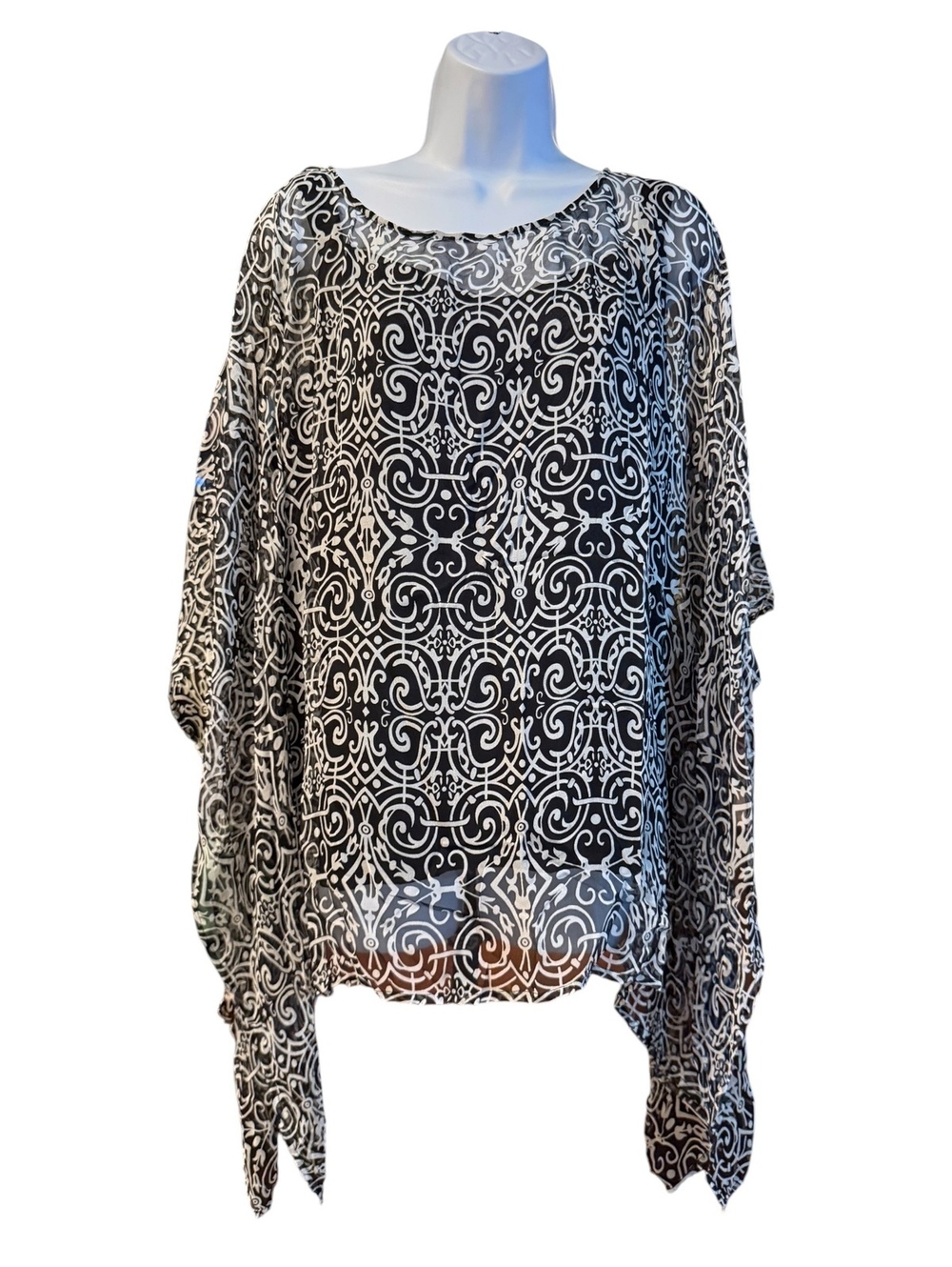 Avenue Women's Black and White Patterned Sheer Blouse